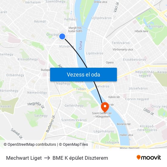 Mechwart Liget to BME K épület Díszterem map