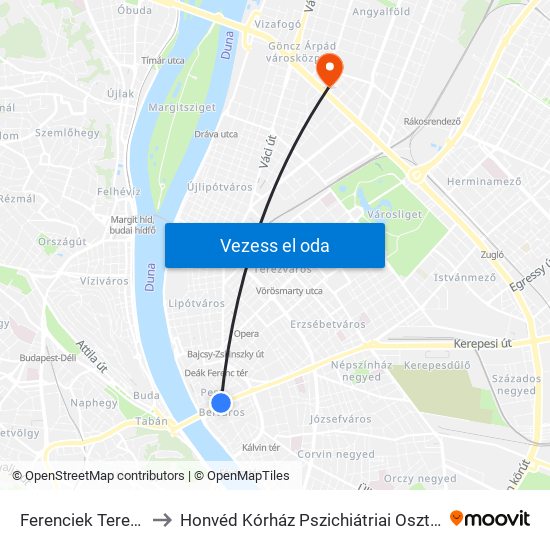 Ferenciek Tere M to Honvéd Kórház Pszichiátriai Osztály map