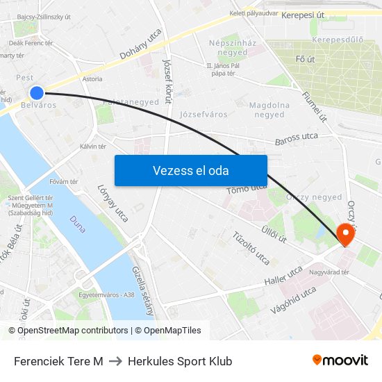 Ferenciek Tere M to Herkules Sport Klub map