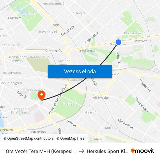 Örs Vezér Tere M+H (Kerepesi Út) to Herkules Sport Klub map