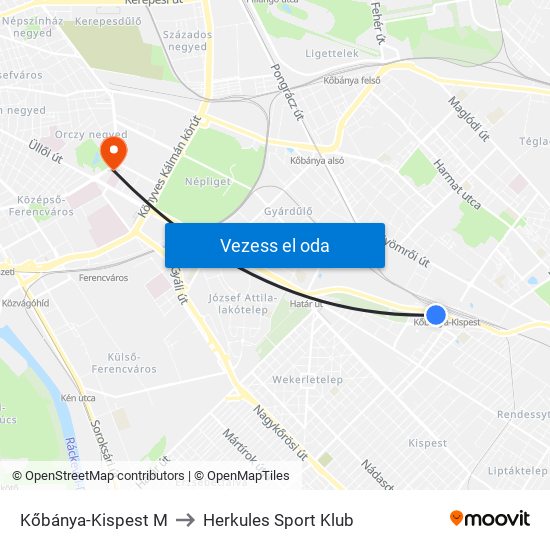 Kőbánya-Kispest M to Herkules Sport Klub map