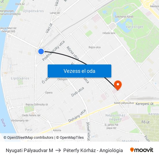 Nyugati Pályaudvar M to Péterfy Kórház - Angiológia map