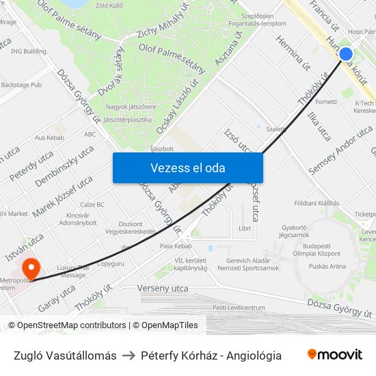 Zugló Vasútállomás to Péterfy Kórház - Angiológia map