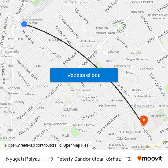 Nyugati Pályaudvar M to Péterfy Sándor utcai Kórház - Tüdőgondozó map