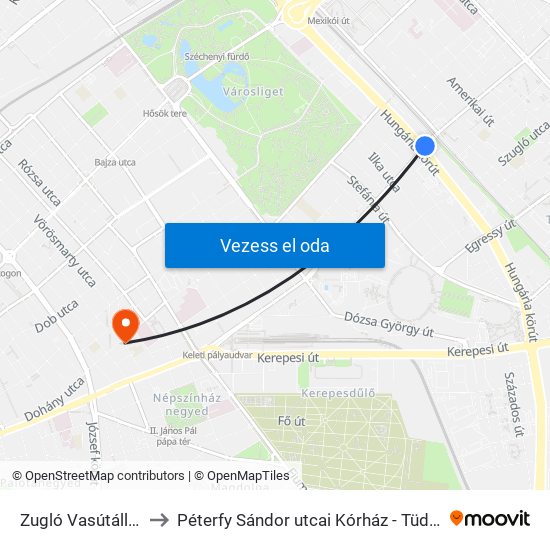 Zugló Vasútállomás to Péterfy Sándor utcai Kórház - Tüdőgondozó map