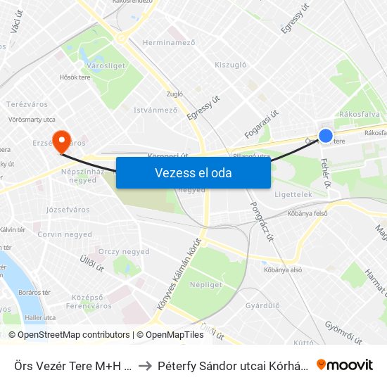 Örs Vezér Tere M+H (Kerepesi Út) to Péterfy Sándor utcai Kórház - Tüdőgondozó map