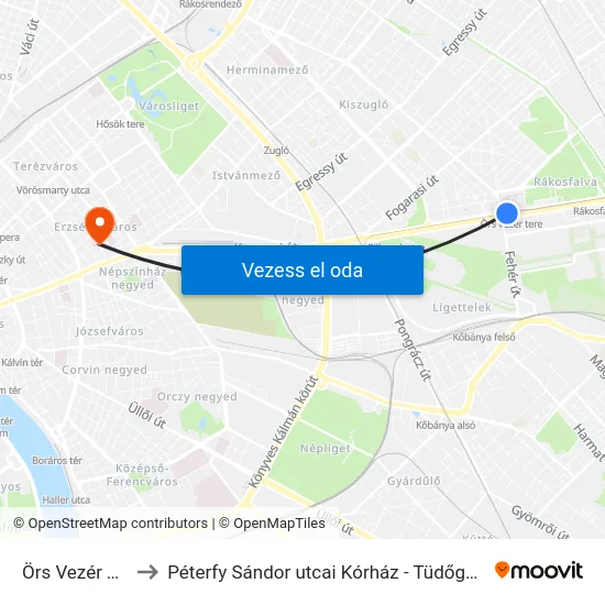 Örs Vezér Tere to Péterfy Sándor utcai Kórház - Tüdőgondozó map