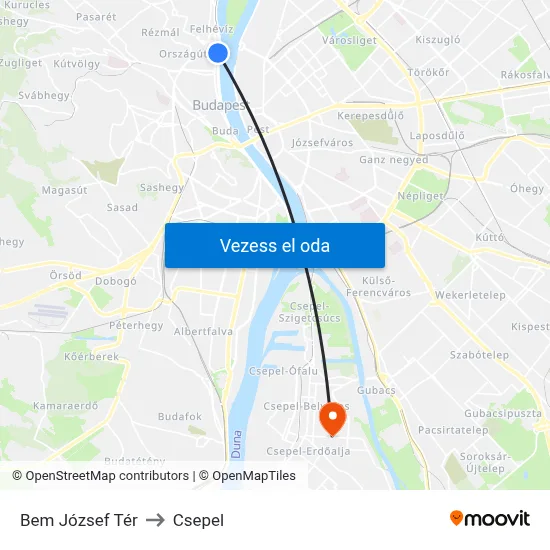 Bem József Tér to Csepel map