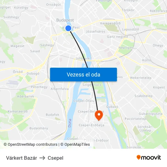 Várkert Bazár to Csepel map