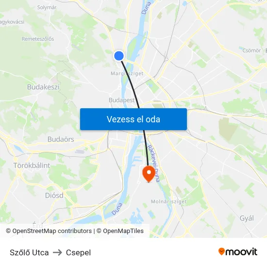 Szőlő Utca to Csepel map