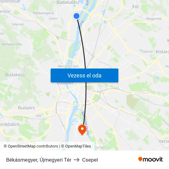 Békásmegyer, Újmegyeri Tér to Csepel map