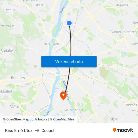 Kiss Ernő Utca to Csepel map