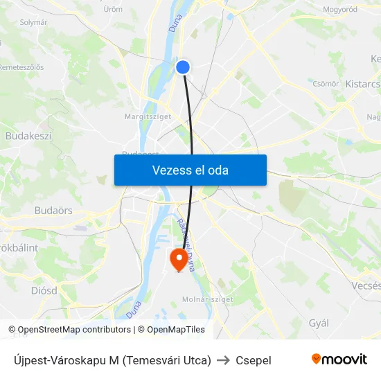 Újpest-Városkapu M (Temesvári Utca) to Csepel map