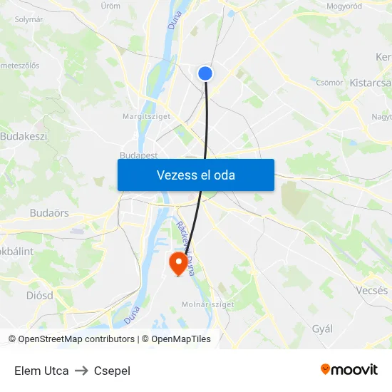 Elem Utca to Csepel map