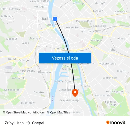 Zrínyi Utca to Csepel map