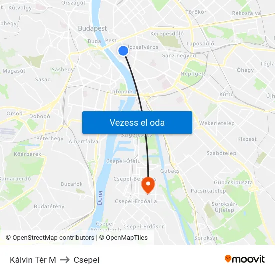 Kálvin Tér M to Csepel map