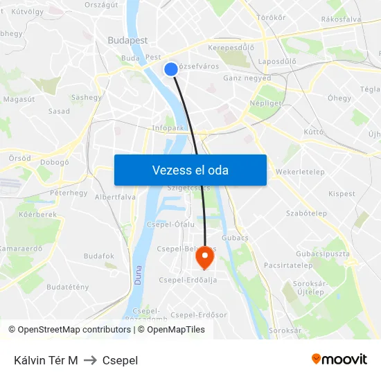 Kálvin Tér M to Csepel map