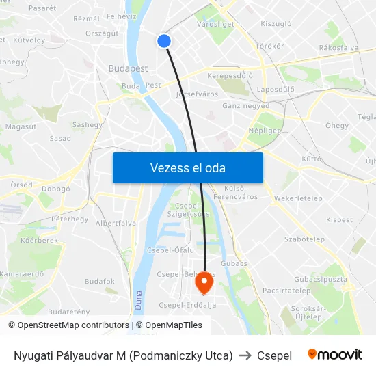 Nyugati Pályaudvar M (Podmaniczky Utca) to Csepel map
