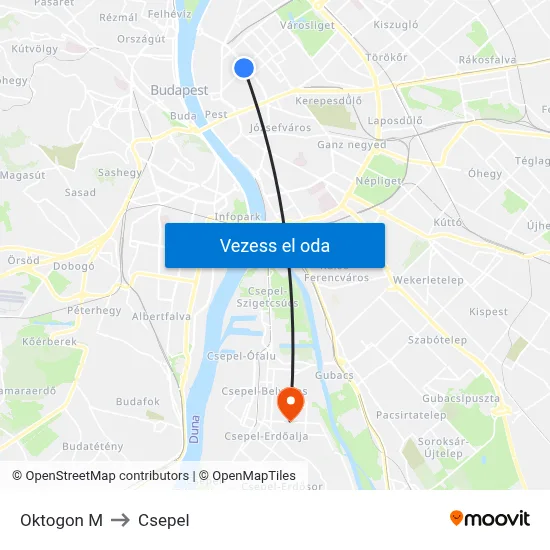 Oktogon M to Csepel map