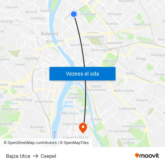 Bajza Utca to Csepel map