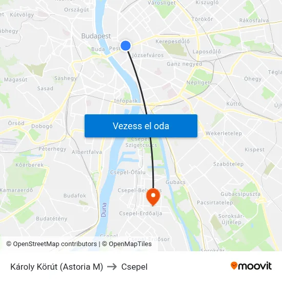 Károly Körút (Astoria M) to Csepel map