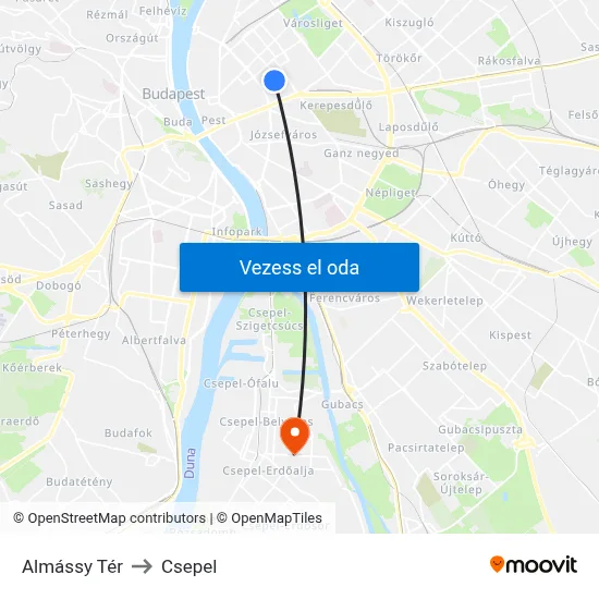 Almássy Tér to Csepel map