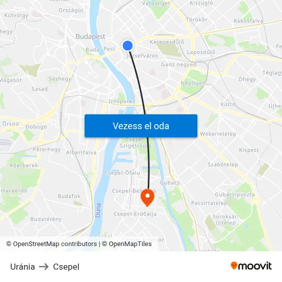 Uránia to Csepel map