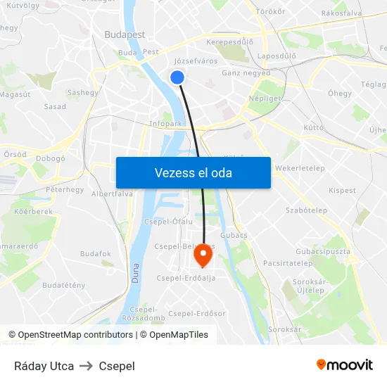 Ráday Utca to Csepel map