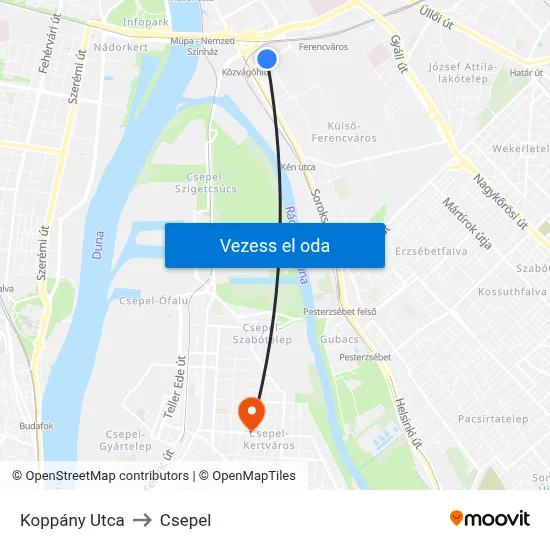 Koppány Utca to Csepel map