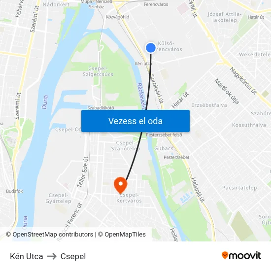 Kén Utca to Csepel map