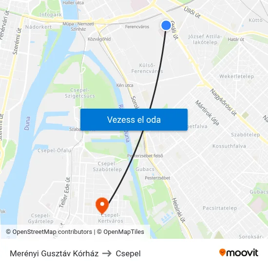 Merényi Gusztáv Kórház to Csepel map