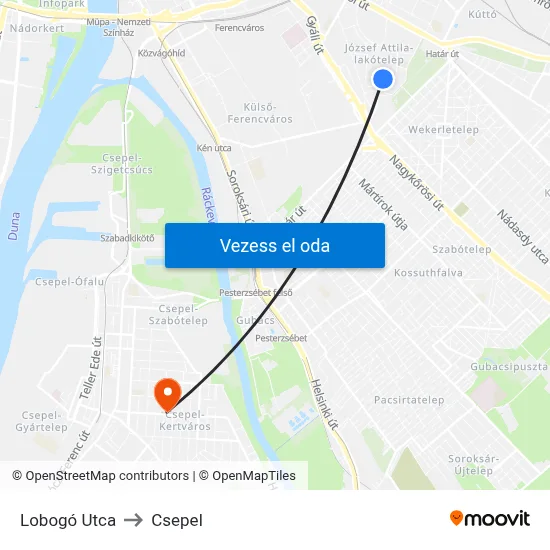 Lobogó Utca to Csepel map