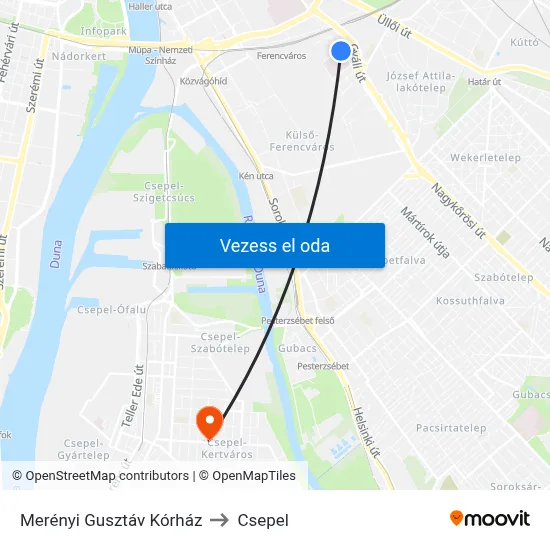 Merényi Gusztáv Kórház to Csepel map