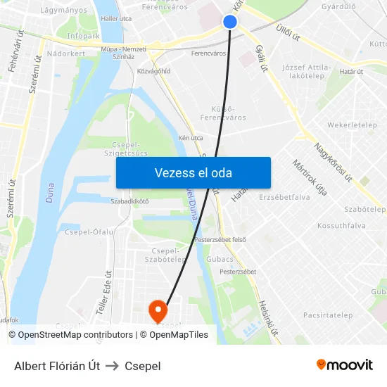 Albert Flórián Út to Csepel map