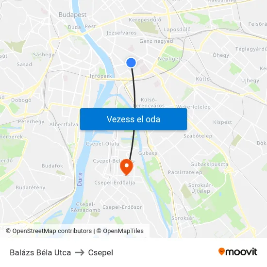 Balázs Béla Utca to Csepel map
