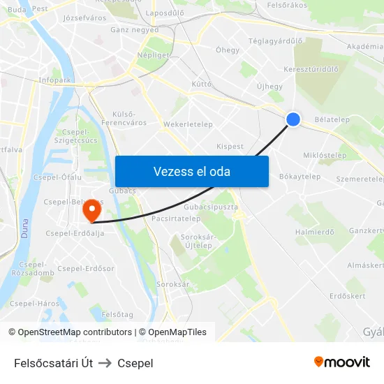 Felsőcsatári Út to Csepel map