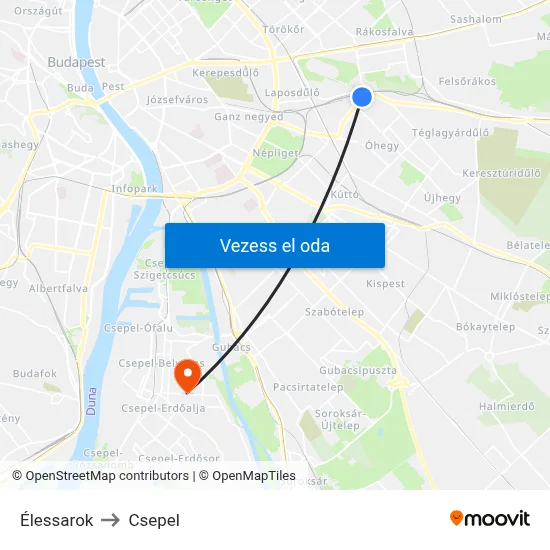 Élessarok to Csepel map