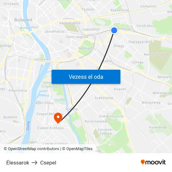 Élessarok to Csepel map