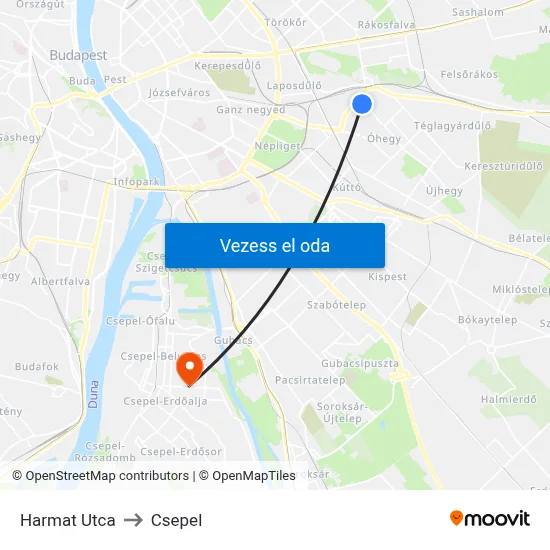 Harmat Utca to Csepel map