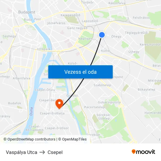 Vaspálya Utca to Csepel map