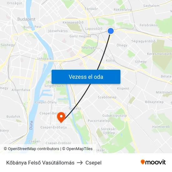 Kőbánya Felső Vasútállomás to Csepel map