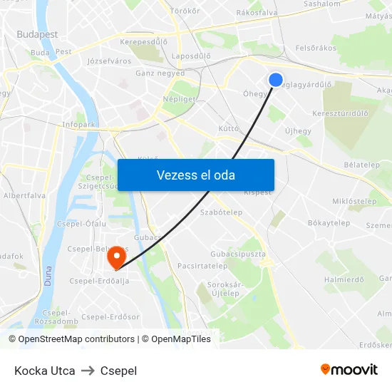 Kocka Utca to Csepel map