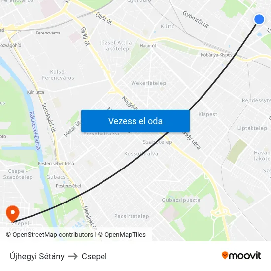 Újhegyi Sétány to Csepel map