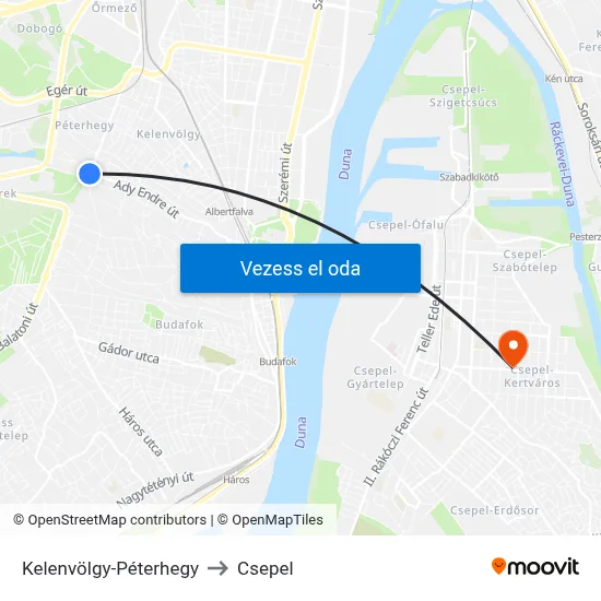 Kelenvölgy-Péterhegy to Csepel map