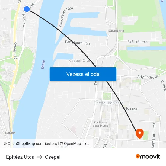 Építész Utca to Csepel map