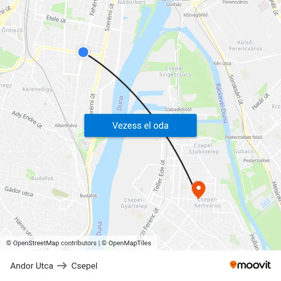 Andor Utca to Csepel map