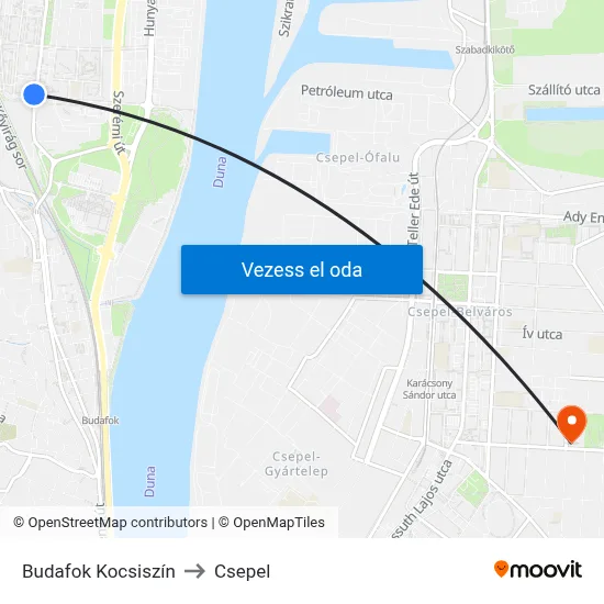 Budafok Kocsiszín to Csepel map