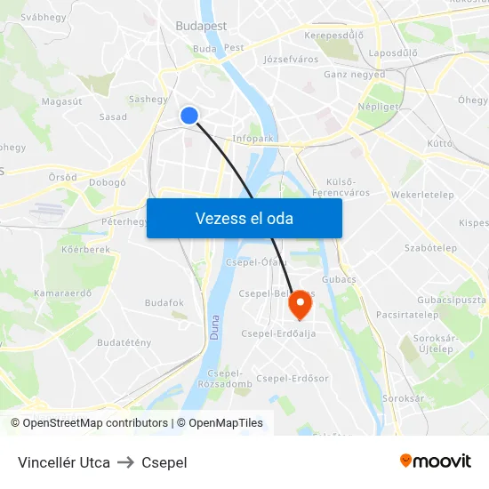 Vincellér Utca to Csepel map