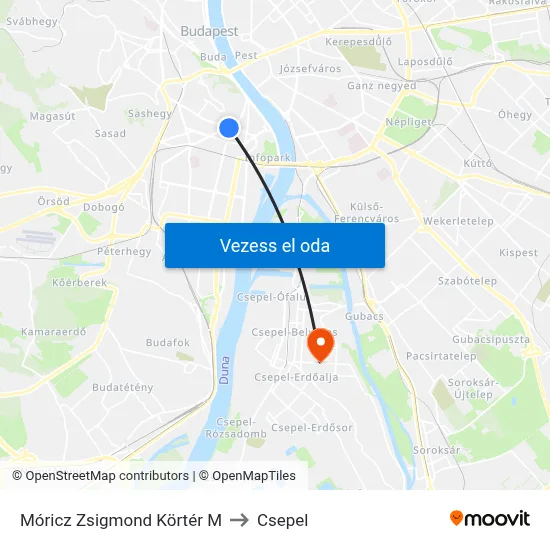 Móricz Zsigmond Körtér M to Csepel map