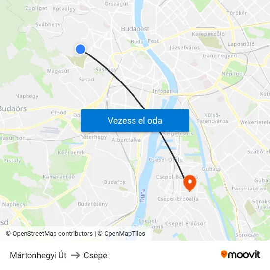 Mártonhegyi Út to Csepel map